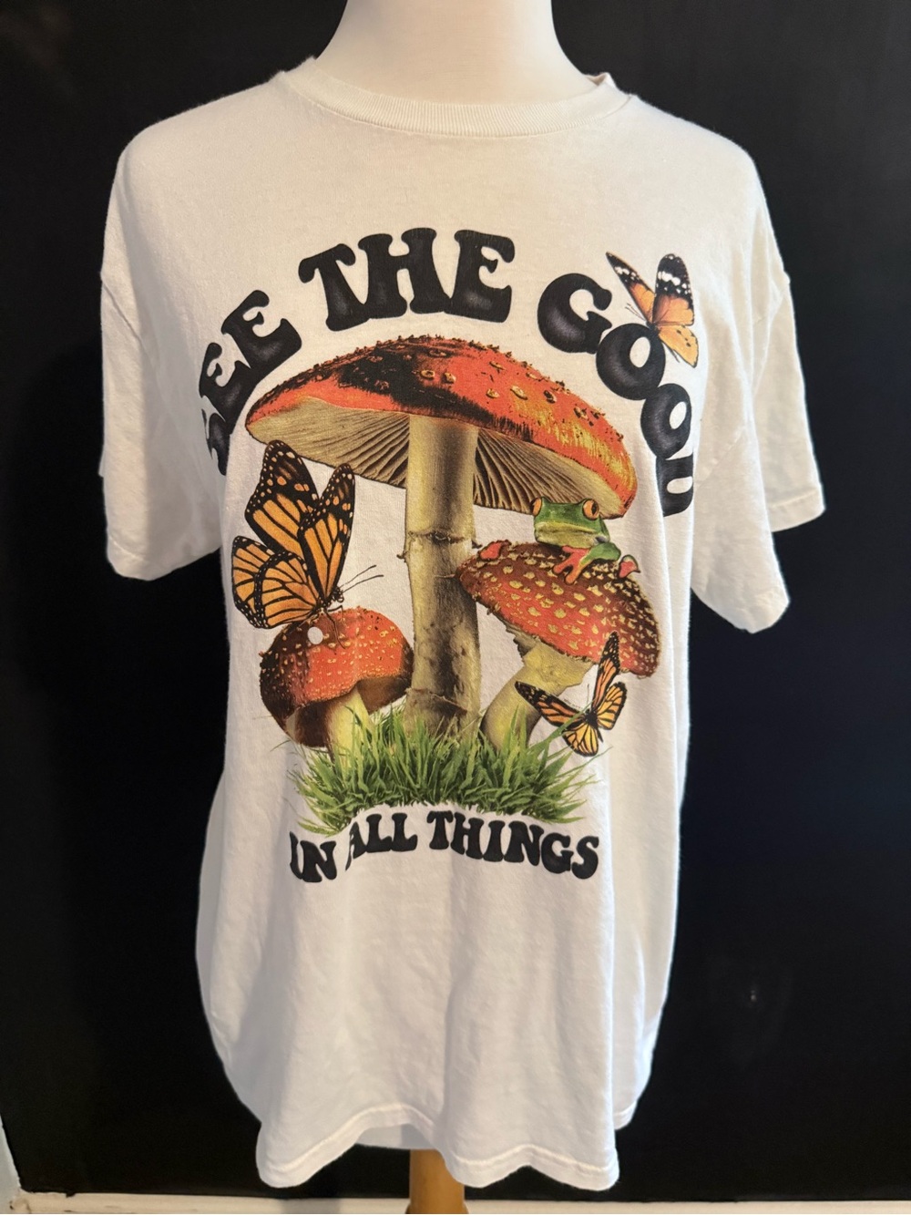 Graphic Mushroom & Butterfly Tee- See the Good size Medium